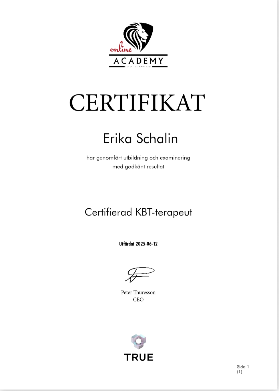 Certifikat: Certifierad KBT-terapeut